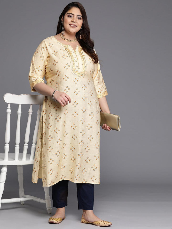 Plus Size Yellow Printed Silk Straight Kurta