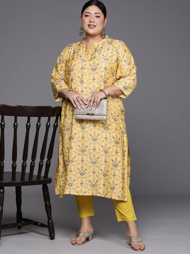 Plus Size Yellow Printed Silk Straight Kurta