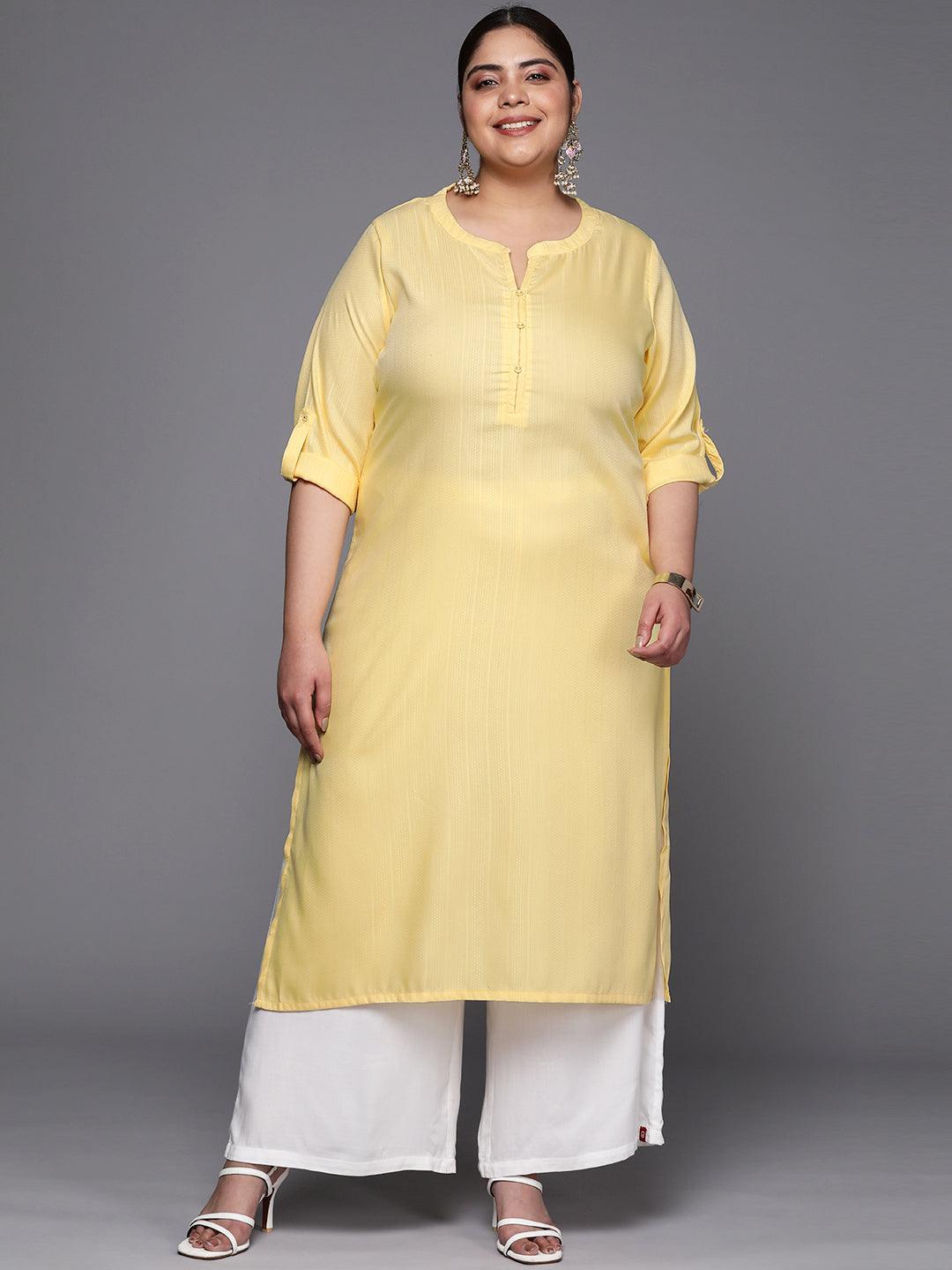 Plus Size Yellow Woven Design Rayon Straight Kurta - ShopLibas