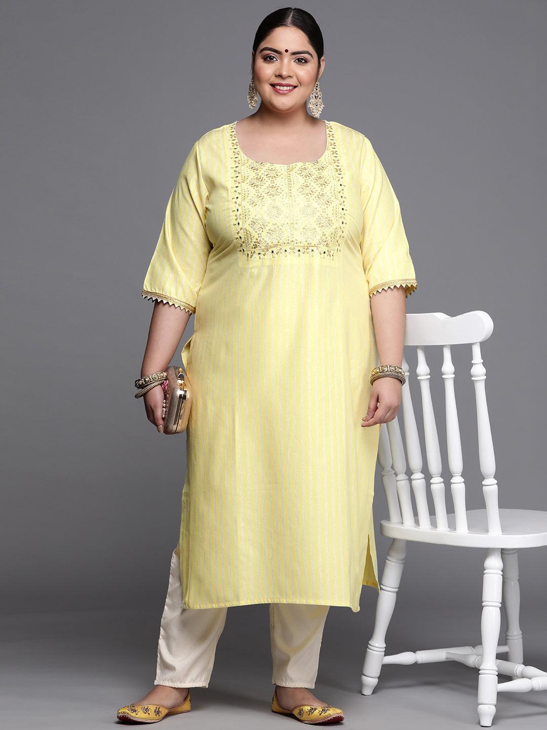 Plus Size Yellow Yoke Design Cotton Silk Kurta - ShopLibas