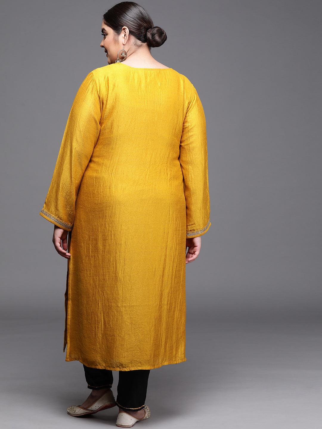 Plus Size Yellow Yoke Design Silk Kurta - ShopLibas