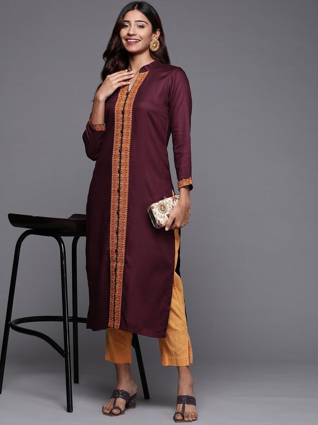 Purple Embroidered Pashmina Wool Straight Kurta - Libas
