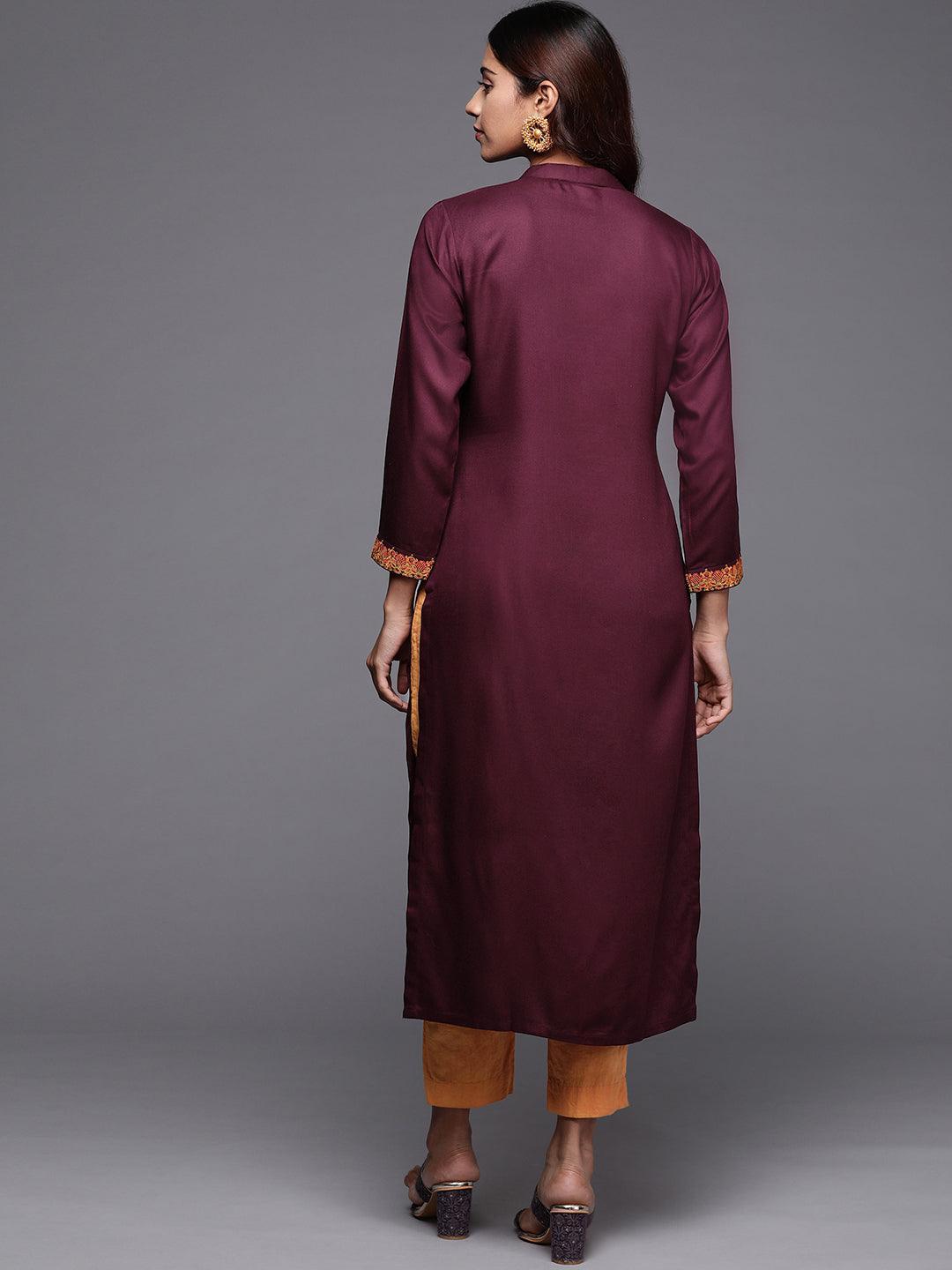 Purple Embroidered Pashmina Wool Straight Kurta - Libas