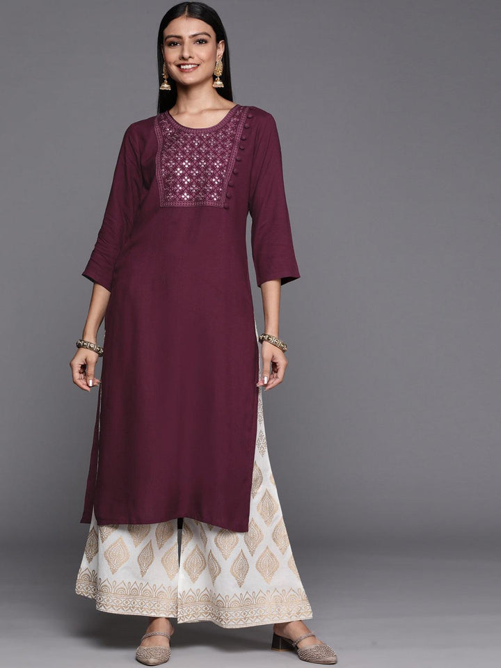 Purple Embroidered Rayon Straight Kurta
