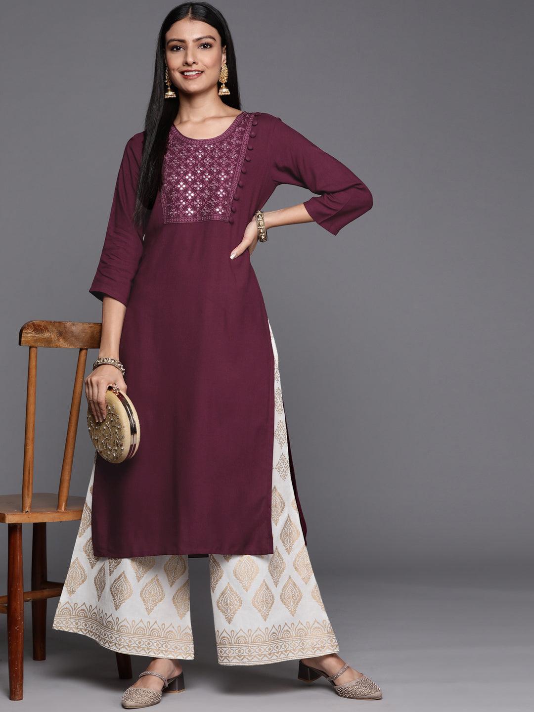 Purple Embroidered Rayon Straight Kurta - ShopLibas