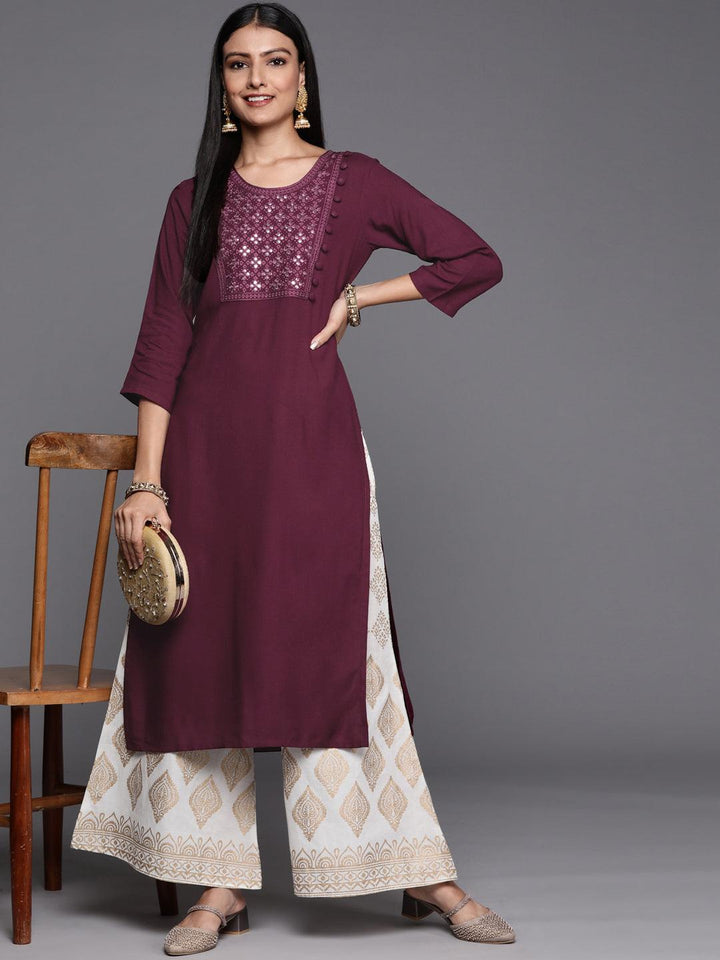 Purple Embroidered Rayon Straight Kurta