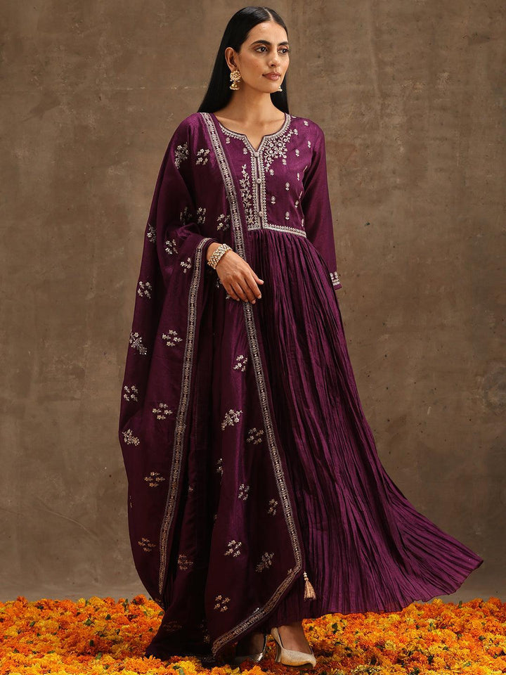 Purple Embroidered Silk Blend Anarkali Suit Set With Trousers