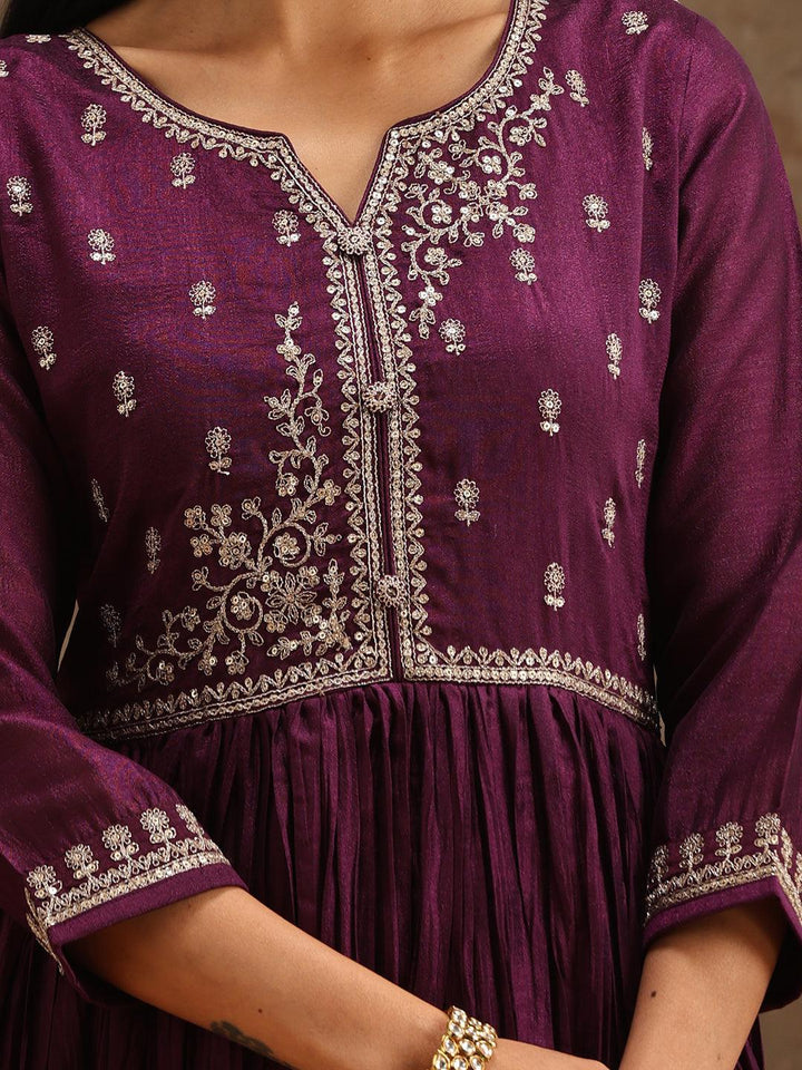 Purple Embroidered Silk Blend Anarkali Suit Set With Trousers