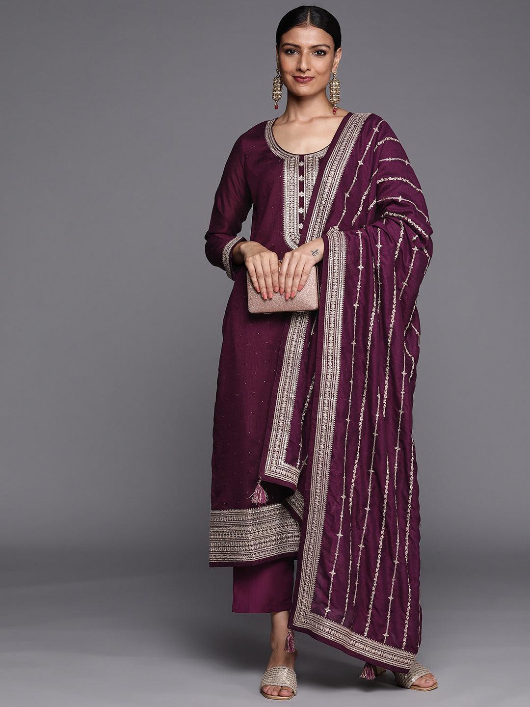 Purple Embroidered Silk Blend Straight Suit Set - ShopLibas