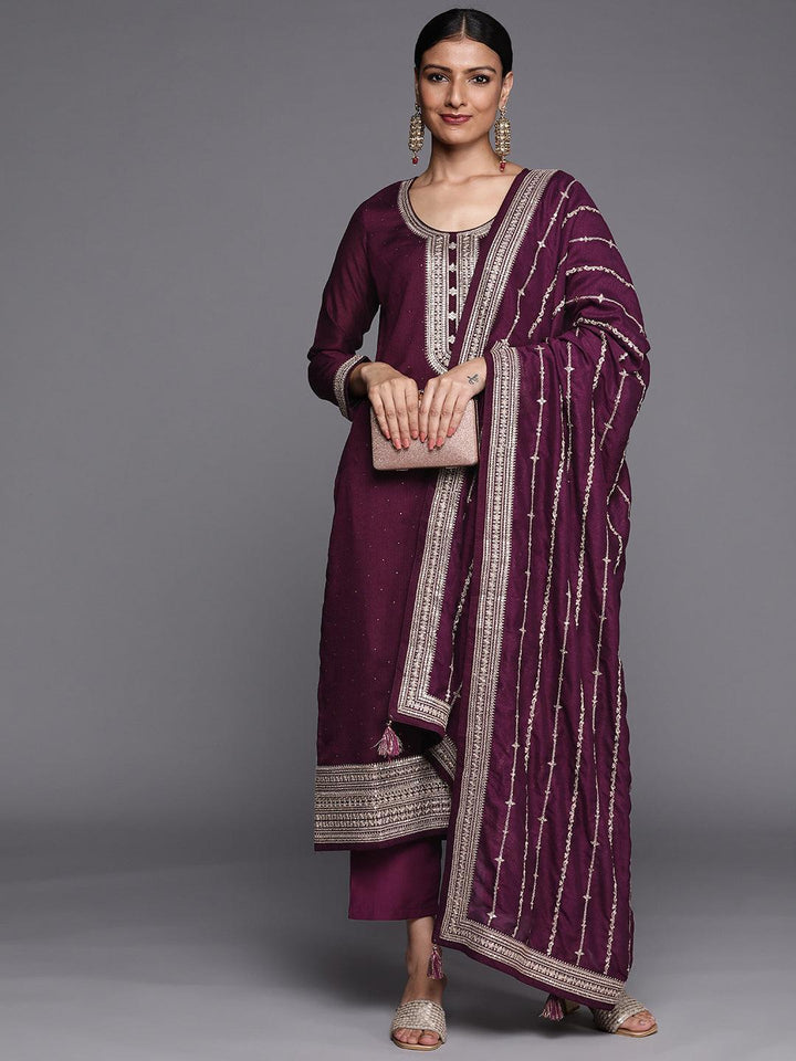 Purple Embroidered Silk Blend Straight Suit Set
