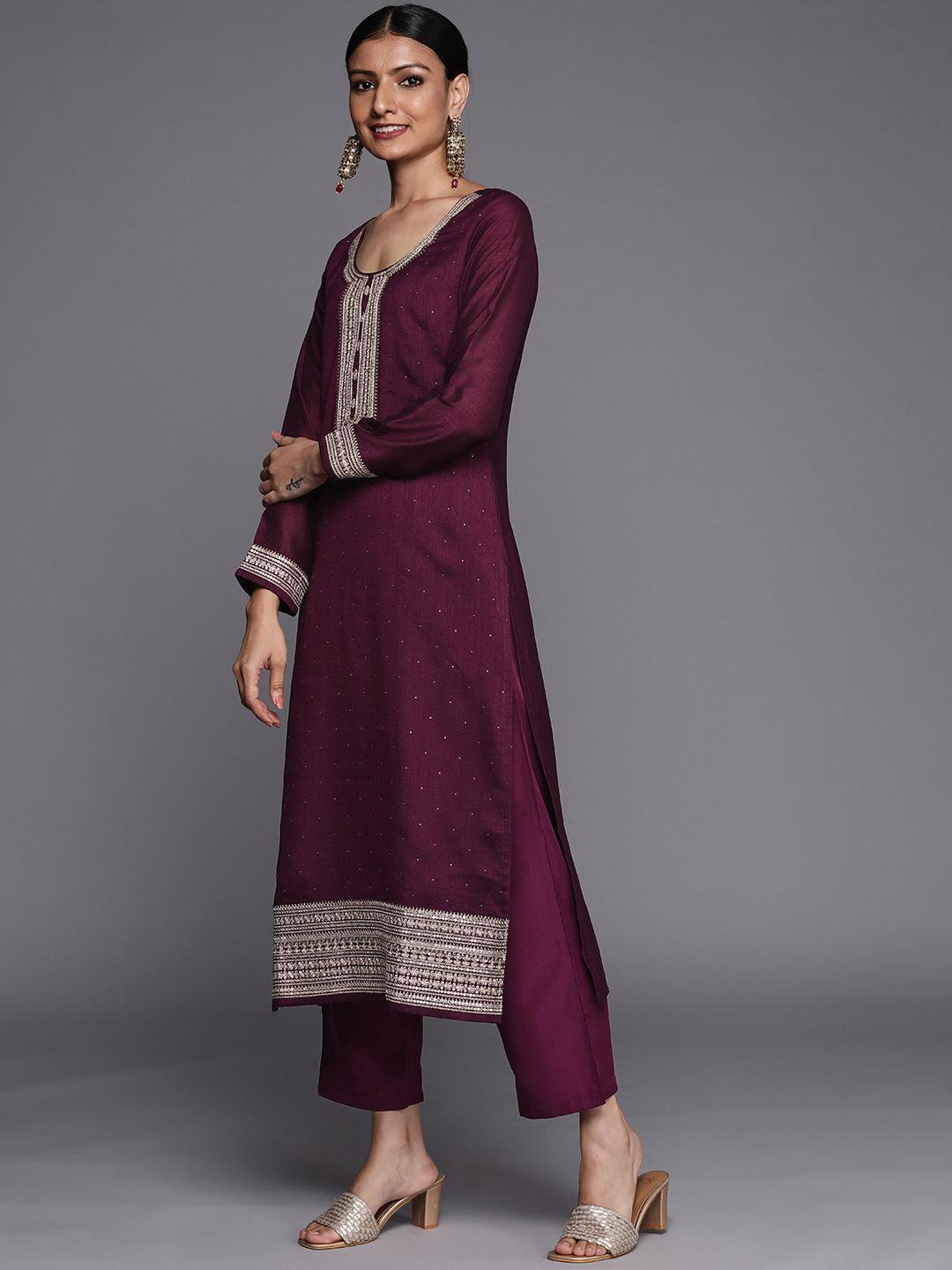 Purple Embroidered Silk Blend Straight Suit Set - ShopLibas