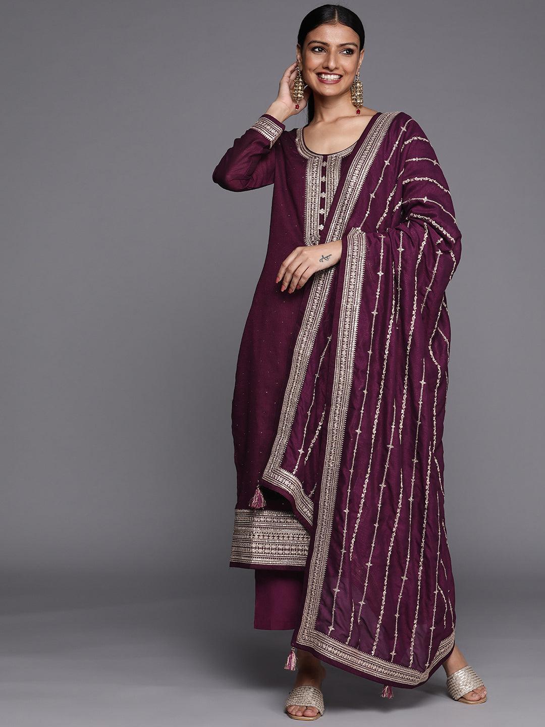 Purple Embroidered Silk Blend Straight Suit Set - ShopLibas