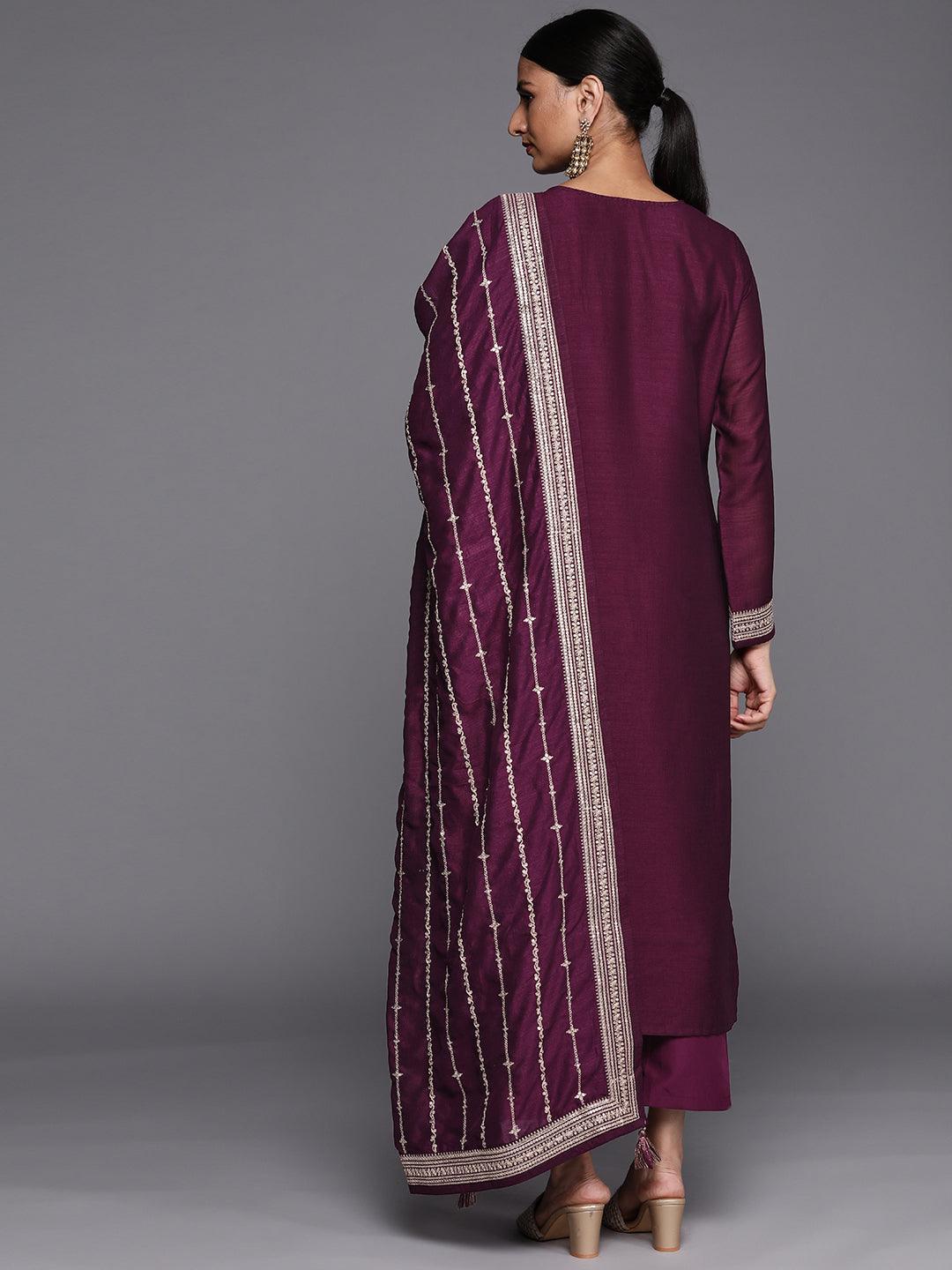 Purple Embroidered Silk Blend Straight Suit Set - ShopLibas