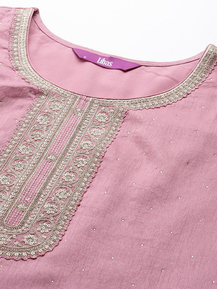 Purple Embroidered Silk Blend Straight Suit Set