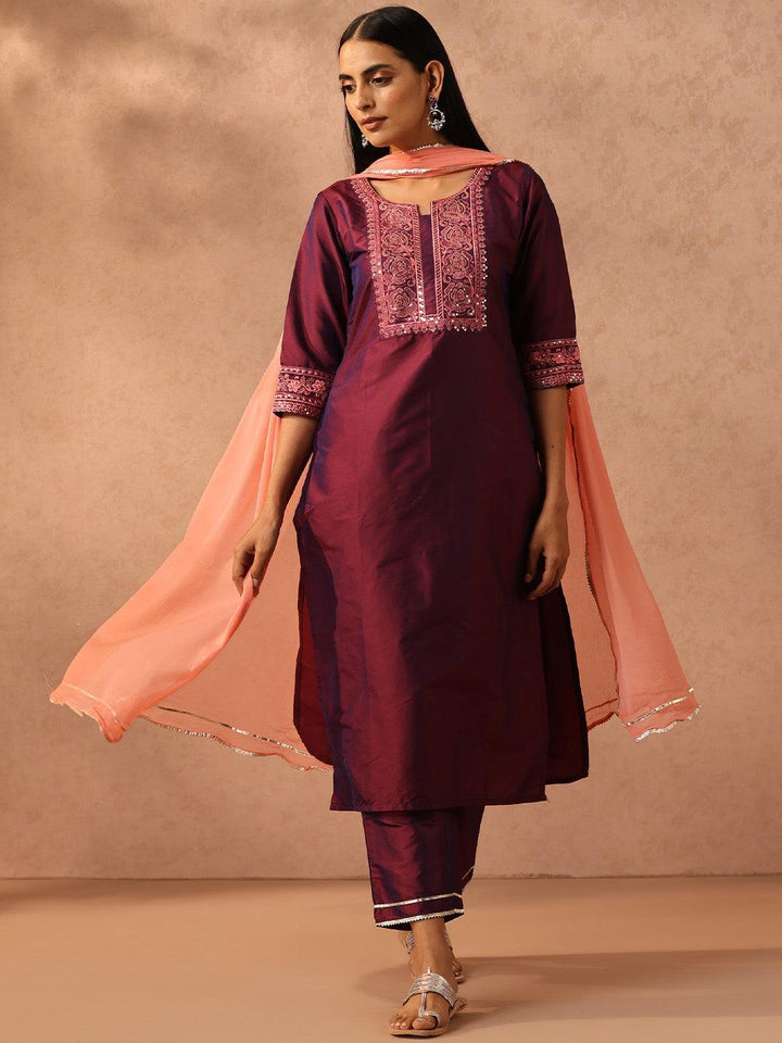 Purple Embroidered Silk Blend Suit Set With Trousers