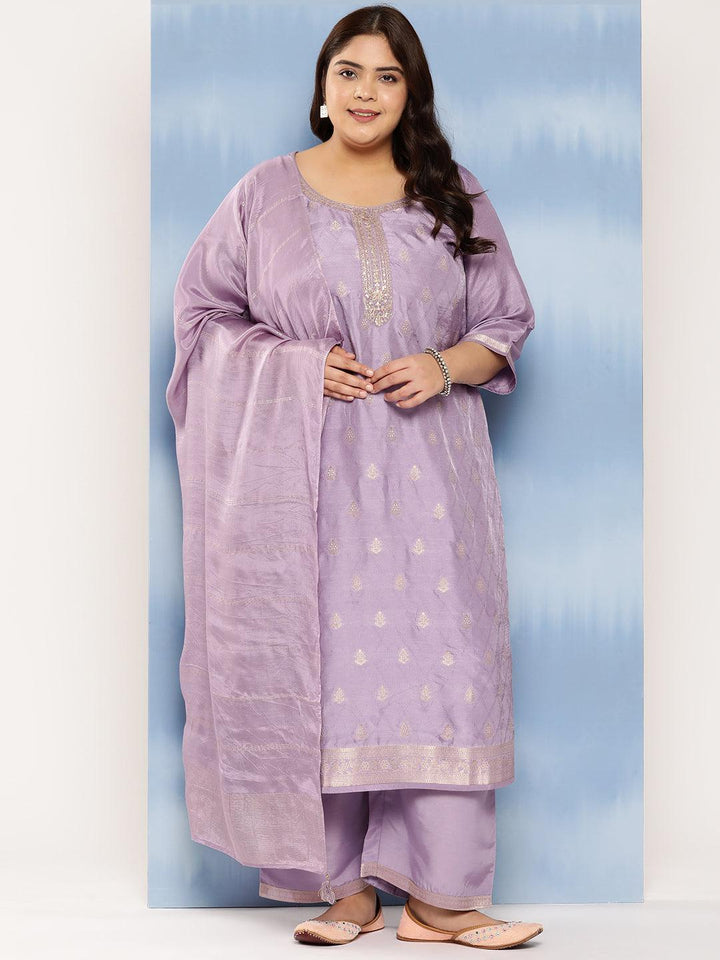 Purple Embroidered Silk Blend Straight Kurta With Trousers and Dupatta