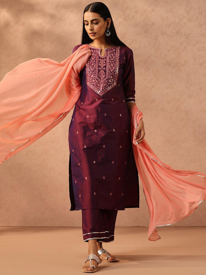 Purple Embroidered Silk Blend Suit Set With Trousers