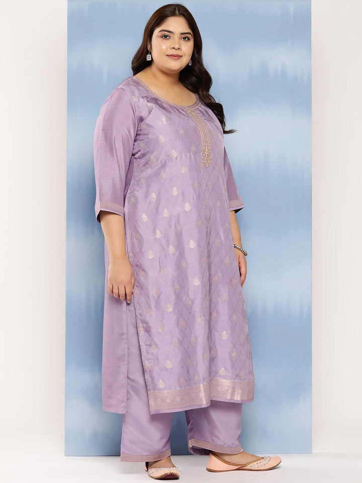 Purple Embroidered Silk Blend Straight Kurta With Trousers and Dupatta
