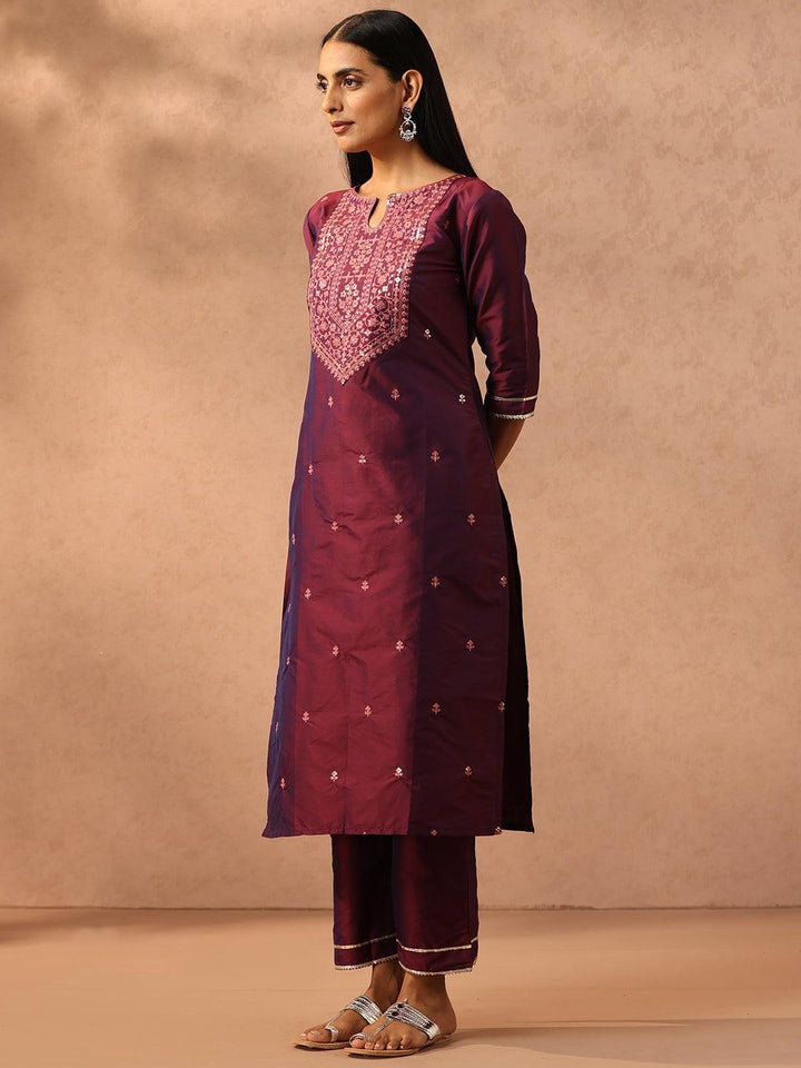 Purple Embroidered Silk Blend Suit Set With Trousers