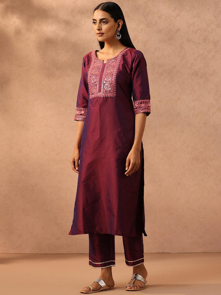 Purple Embroidered Silk Blend Suit Set With Trousers
