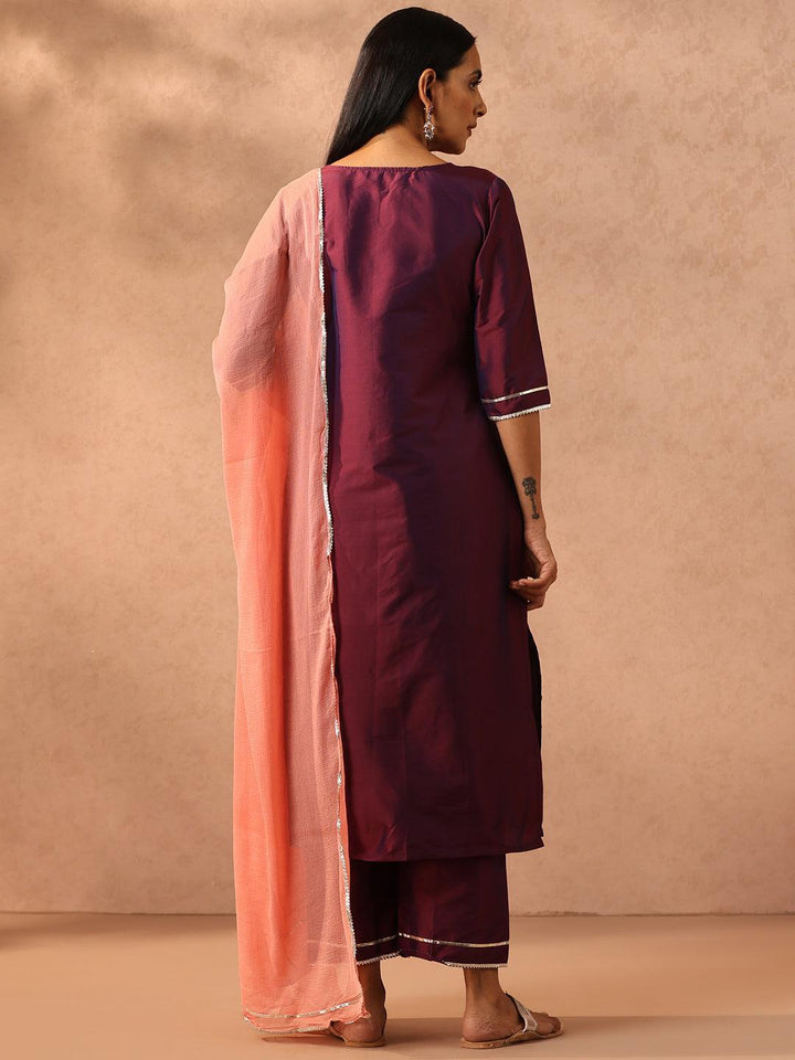 Purple Embroidered Silk Blend Suit Set With Trousers