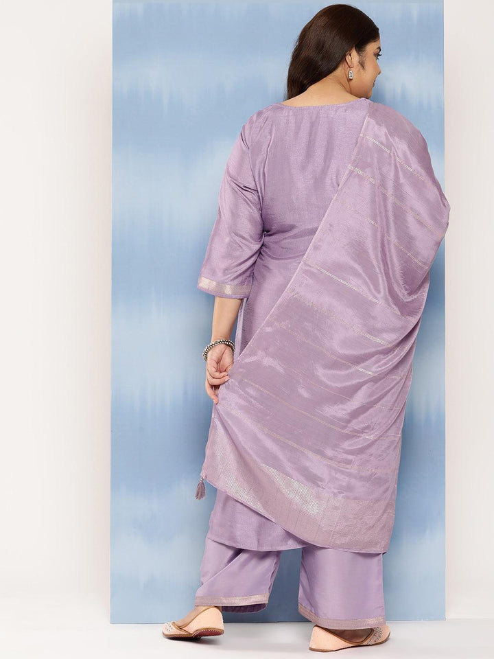 Purple Embroidered Silk Blend Straight Kurta With Trousers and Dupatta