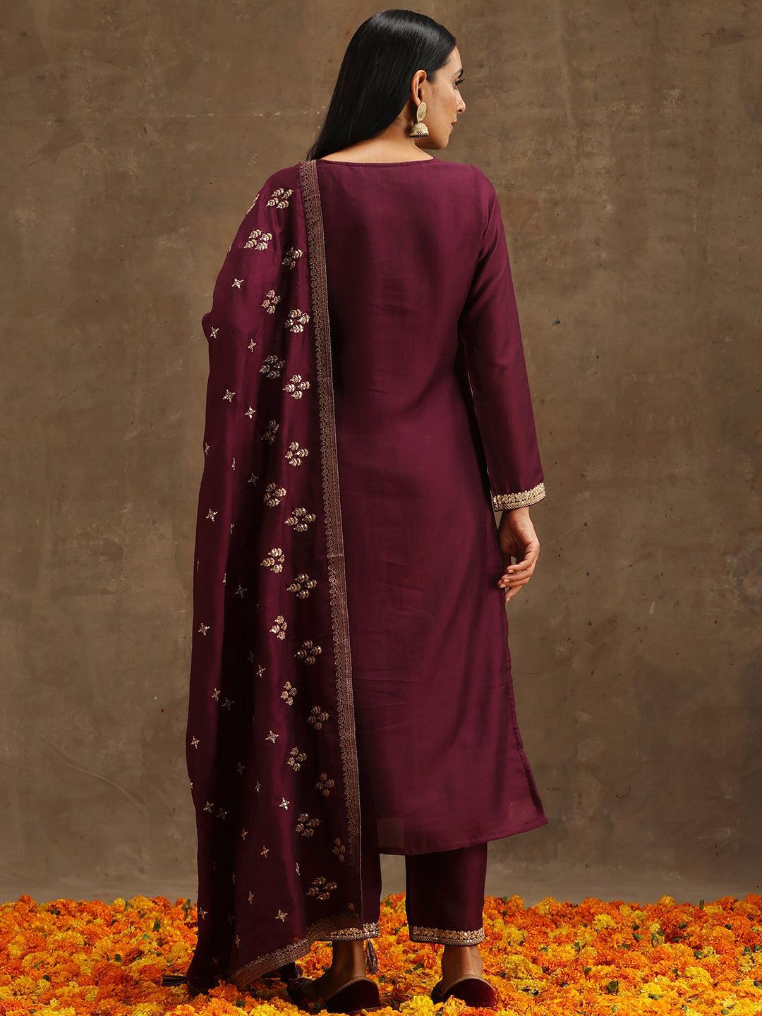 Purple Embroidered Silk Blend Suit Set With Trousers - ShopLibas
