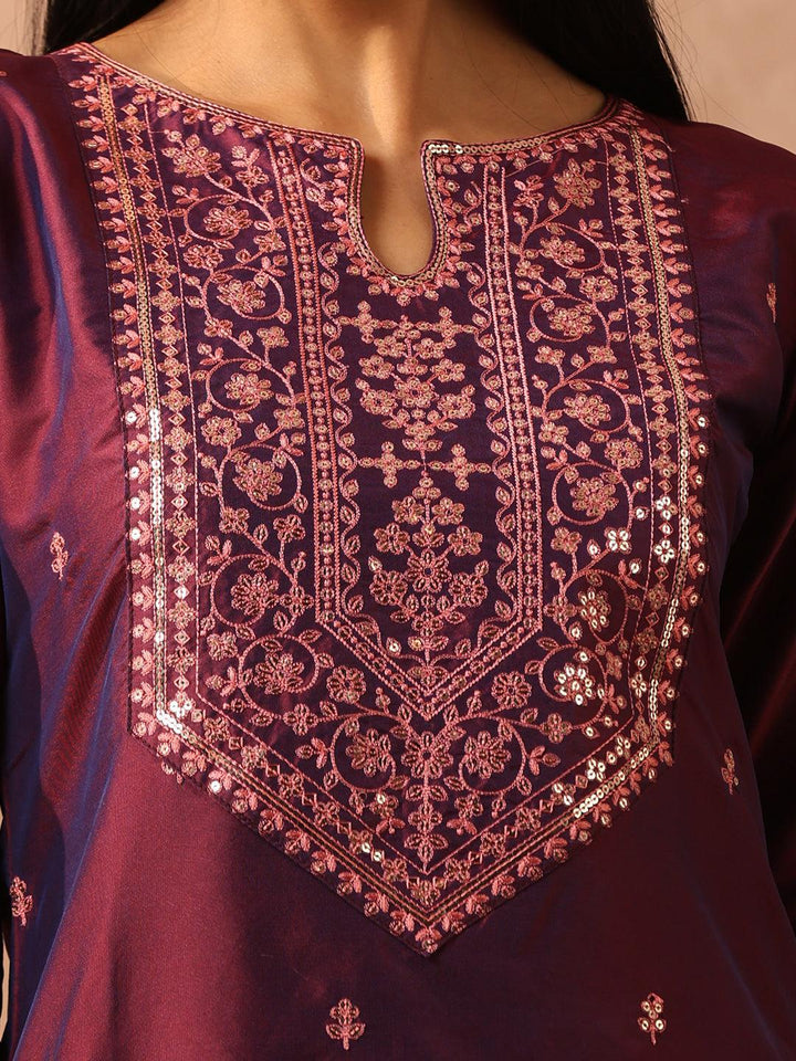 Purple Embroidered Silk Blend Suit Set With Trousers