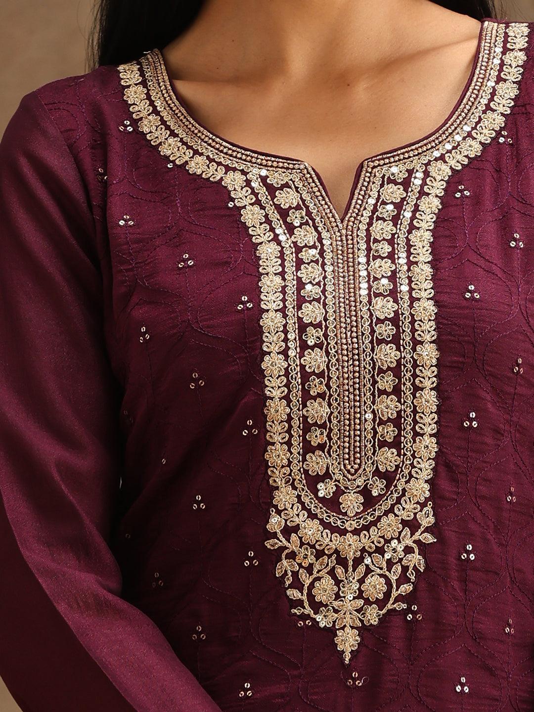 Purple Embroidered Silk Blend Suit Set With Trousers - ShopLibas