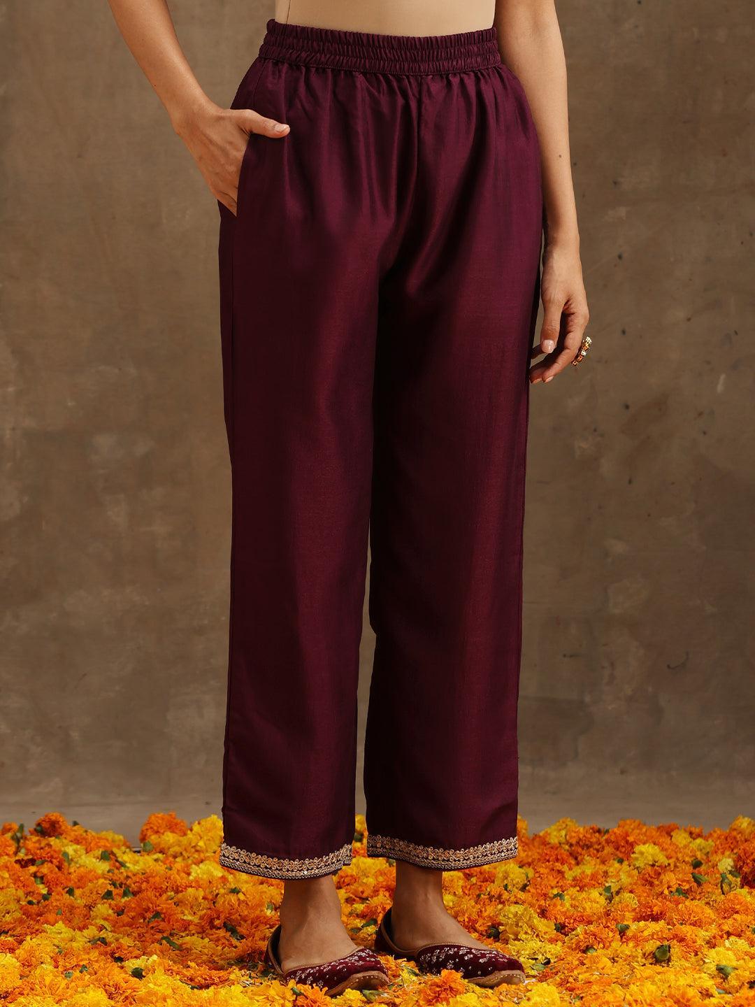 Purple Embroidered Silk Blend Suit Set With Trousers - ShopLibas