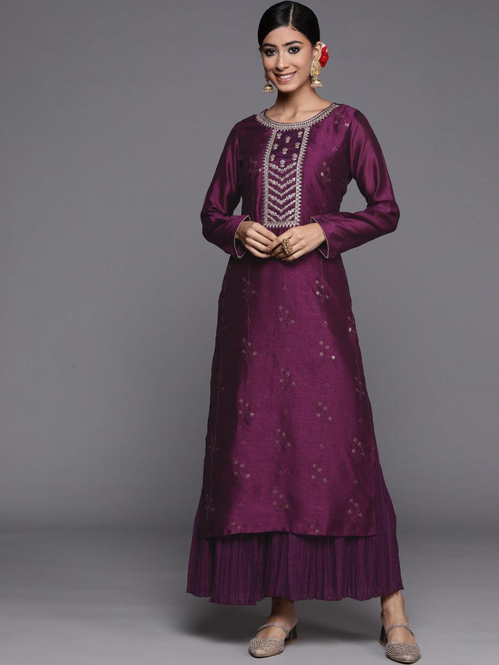 Purple Embroidered Silk Straight Kurta