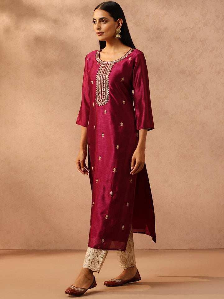 Purple Embellished Silk Straight Kurta