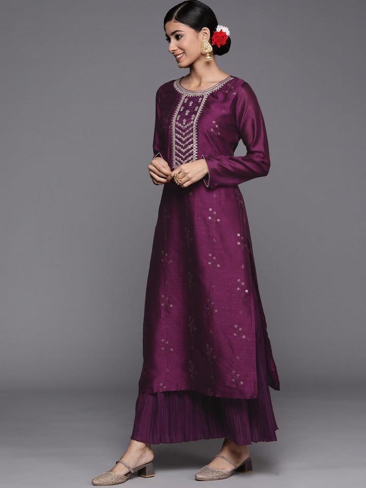 Purple Embroidered Silk Straight Kurta