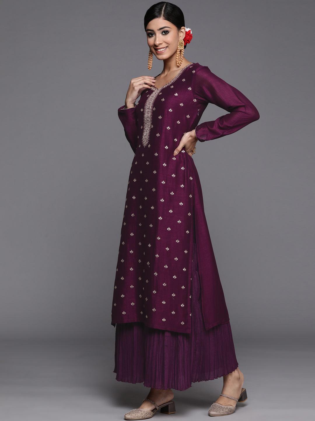 Purple Embroidered Silk Straight Kurta - ShopLibas