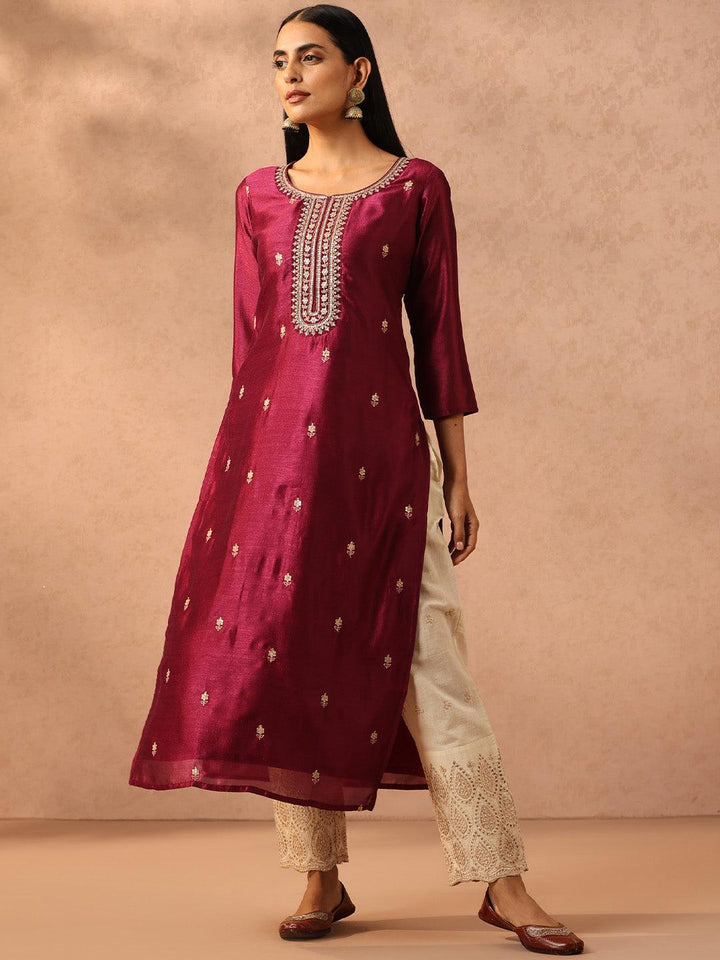 Purple Embellished Silk Straight Kurta