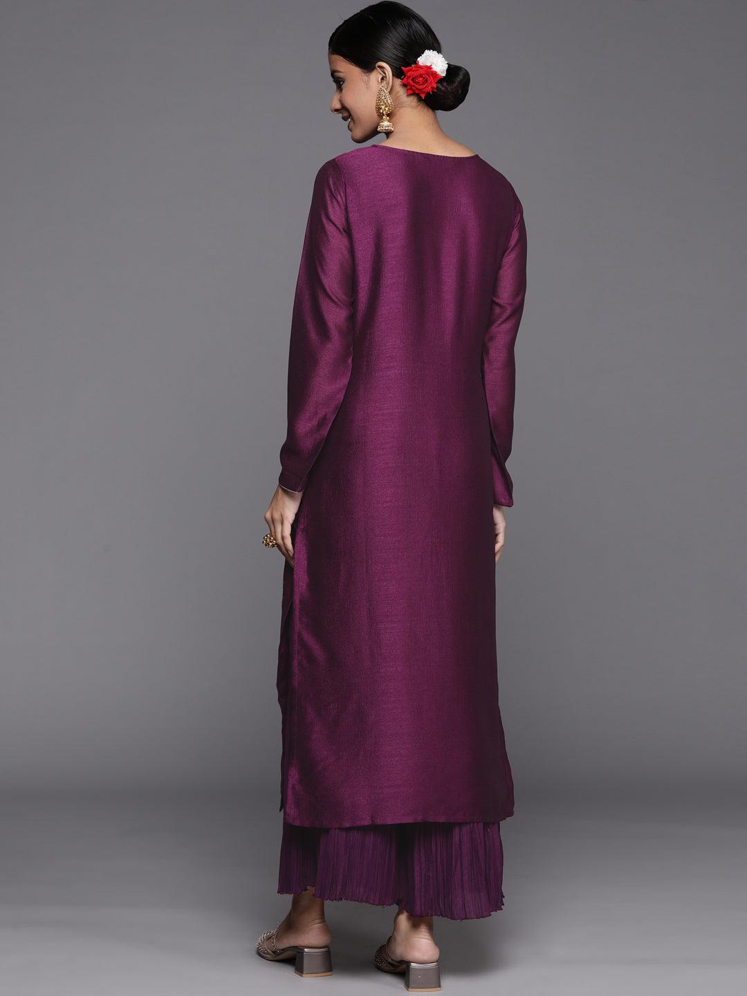 Purple Embroidered Silk Straight Kurta - ShopLibas