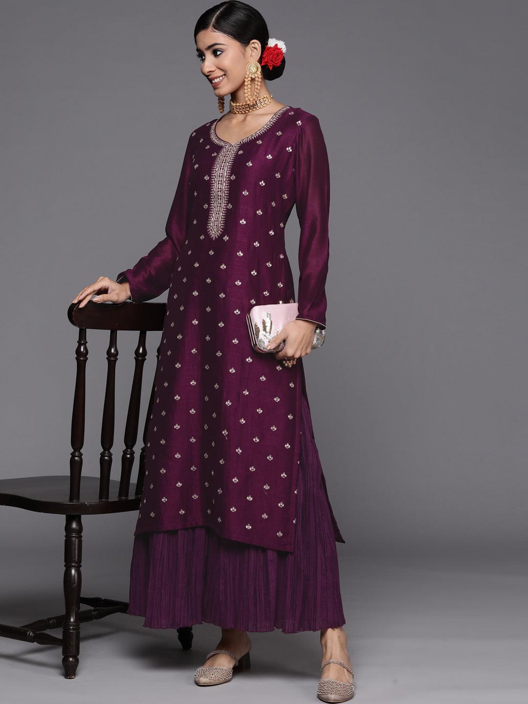 Purple Embroidered Silk Straight Kurta - ShopLibas