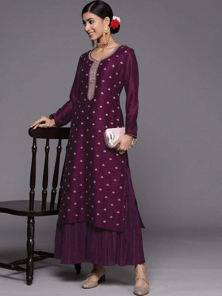 Purple Embroidered Silk Straight Kurta