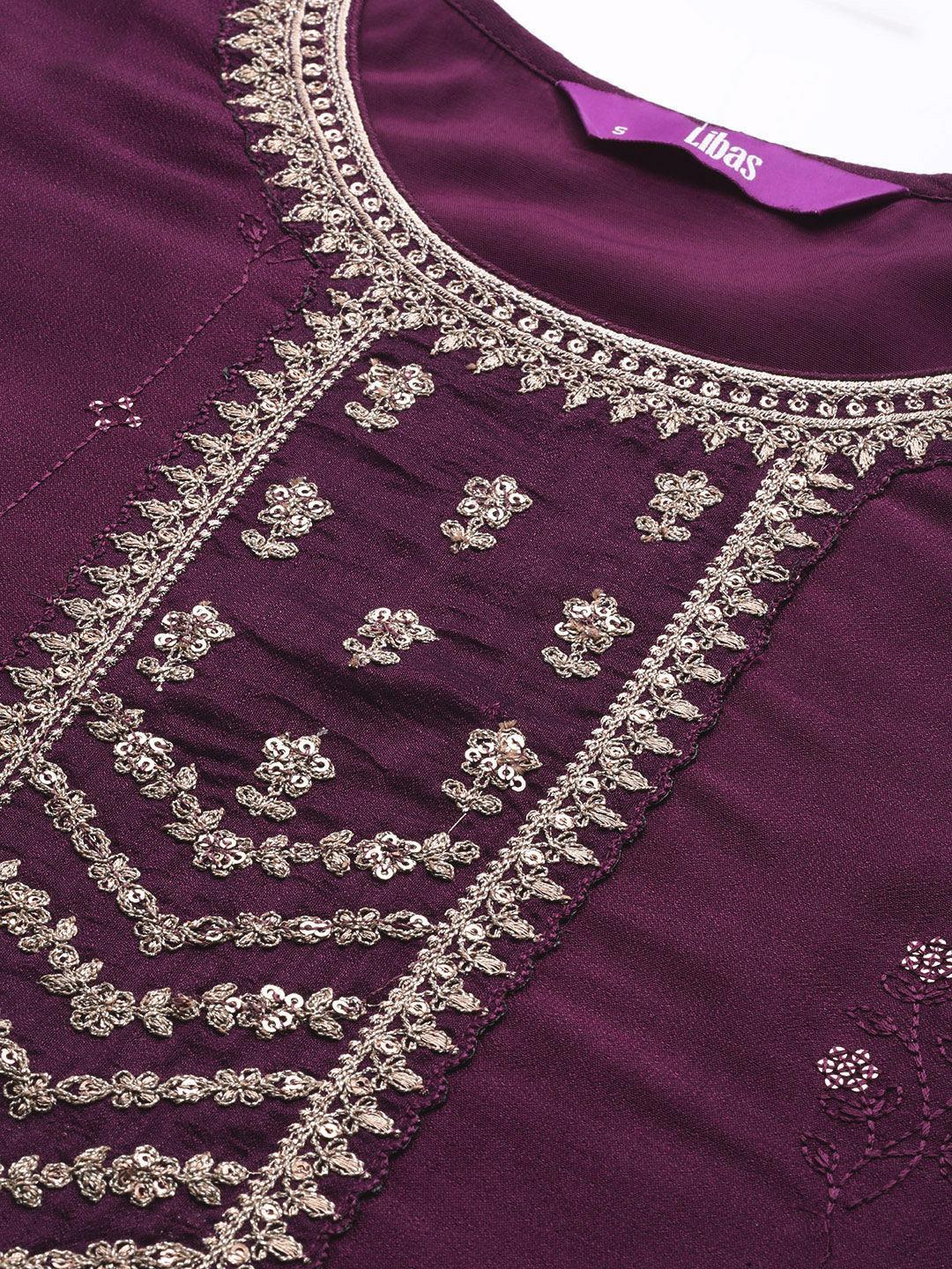 Purple Embroidered Silk Straight Kurta - ShopLibas