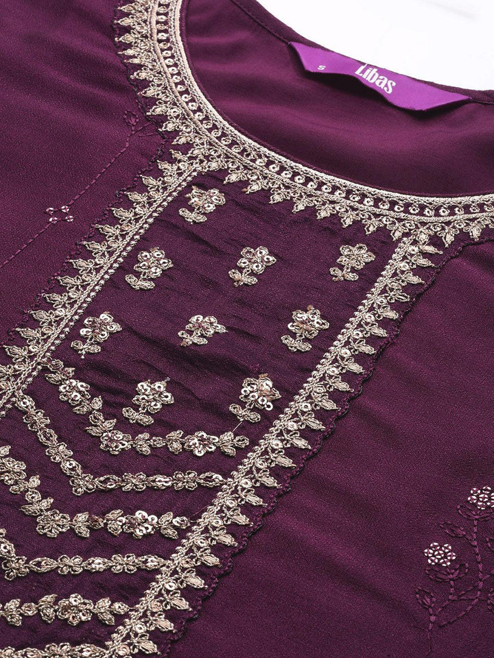 Purple Embroidered Silk Straight Kurta