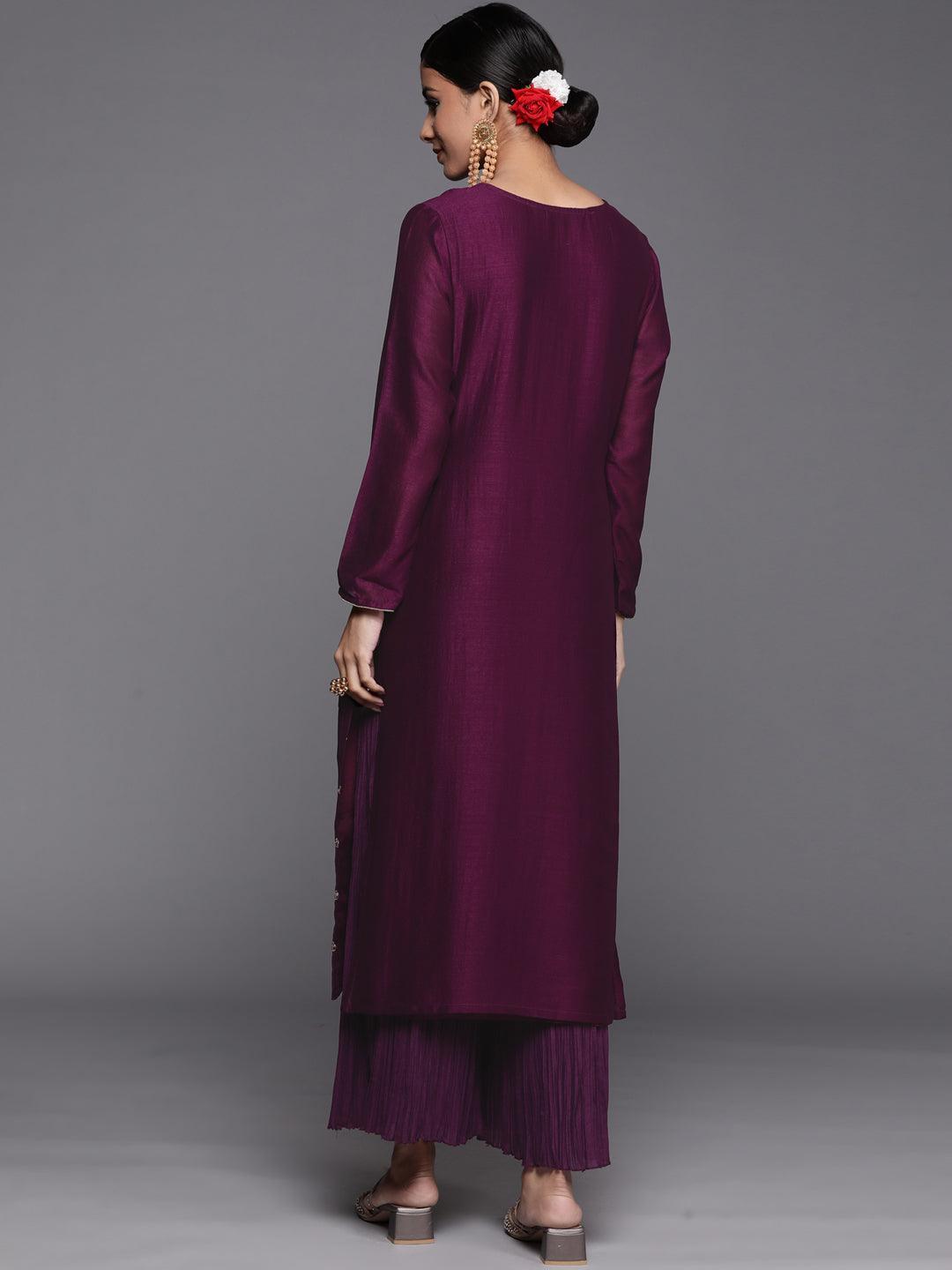 Purple Embroidered Silk Straight Kurta - ShopLibas