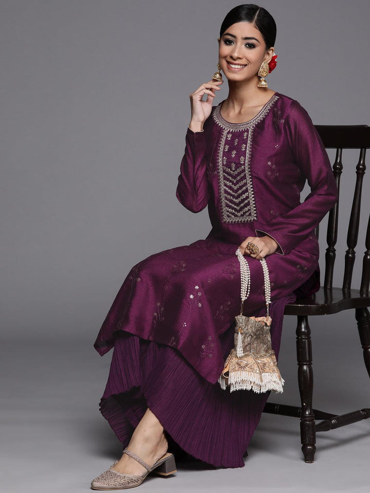 Purple Embroidered Silk Straight Kurta