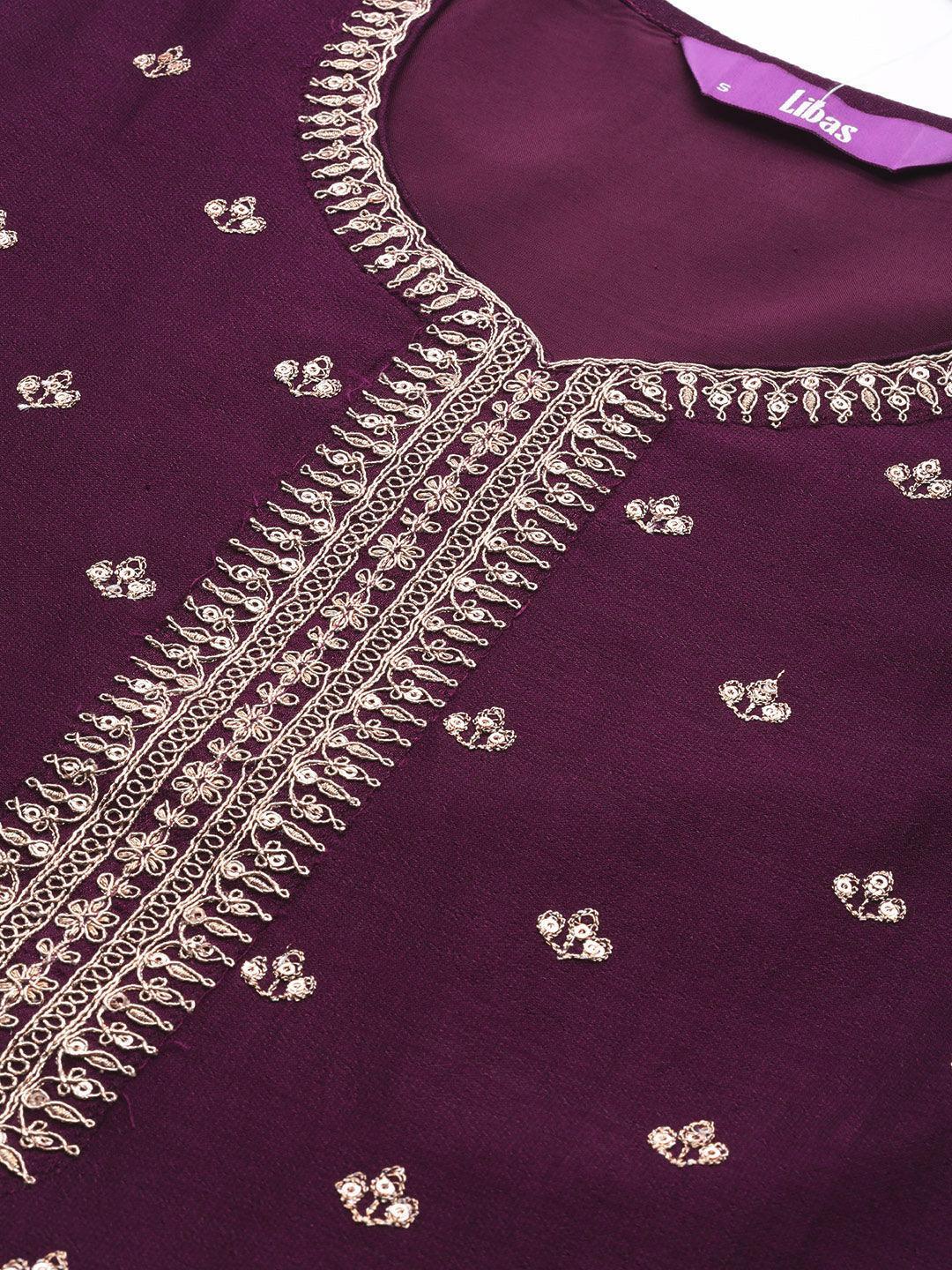 Purple Embroidered Silk Straight Kurta - ShopLibas