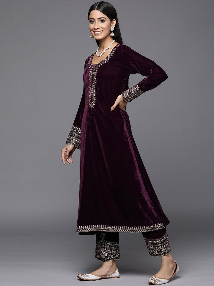 Purple Embroidered Velvet A-Line Suit Set