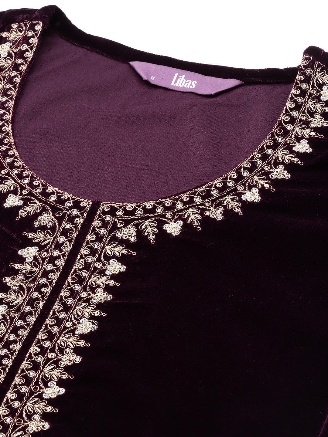 Purple Embroidered Velvet A-Line Suit Set - ShopLibas