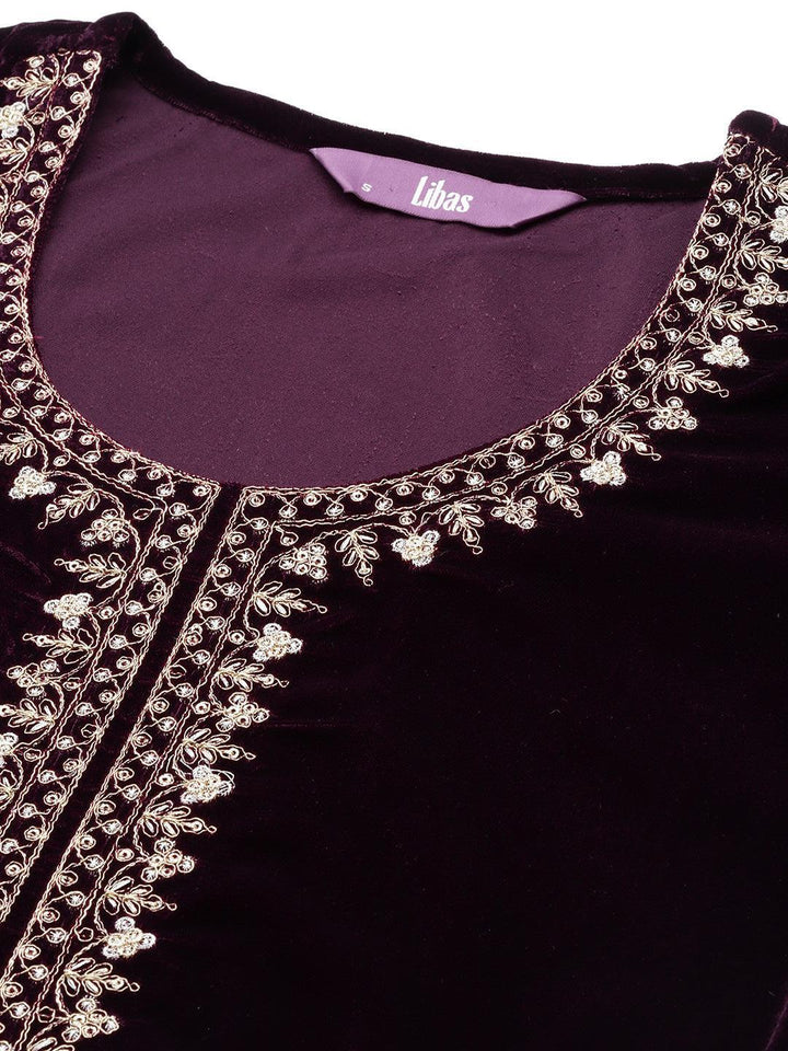 Purple Embroidered Velvet A-Line Suit Set