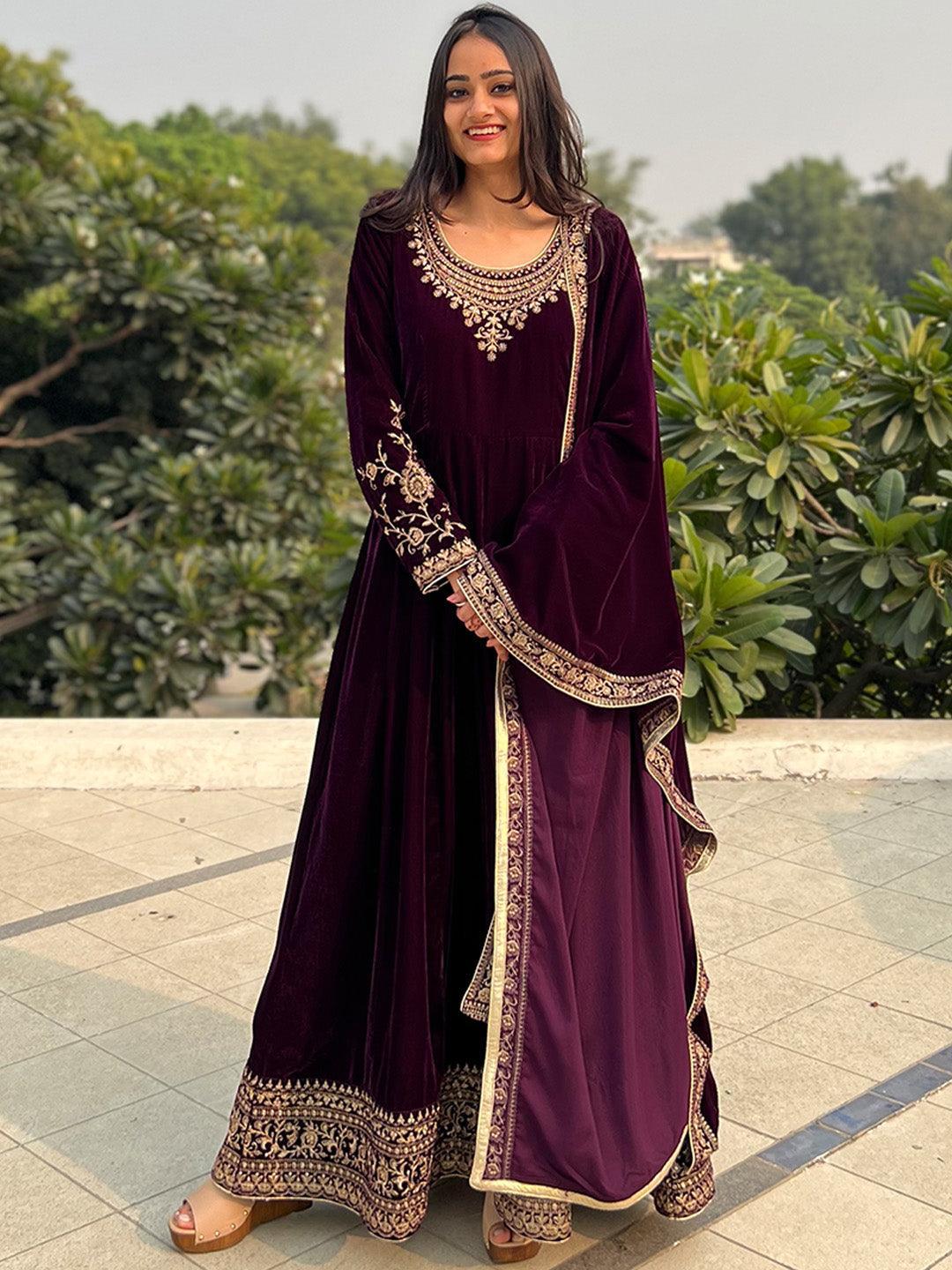 Buy Libas Purple Embroidered Velvet Anarkali Kurta With Trousers & Dupatta Online in USA at $115.00