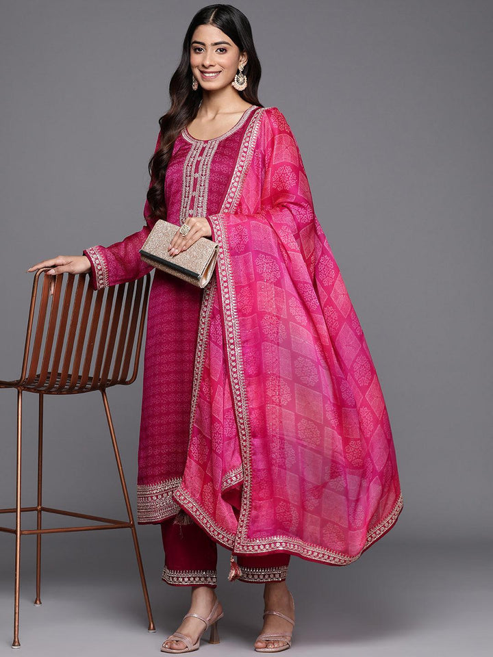 Purple Printed Chiffon Straight Suit Set With Trousers