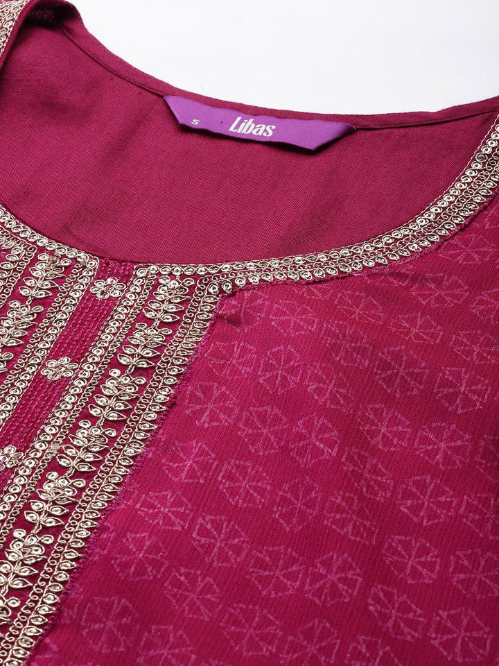 Purple Printed Chiffon Straight Suit Set With Trousers