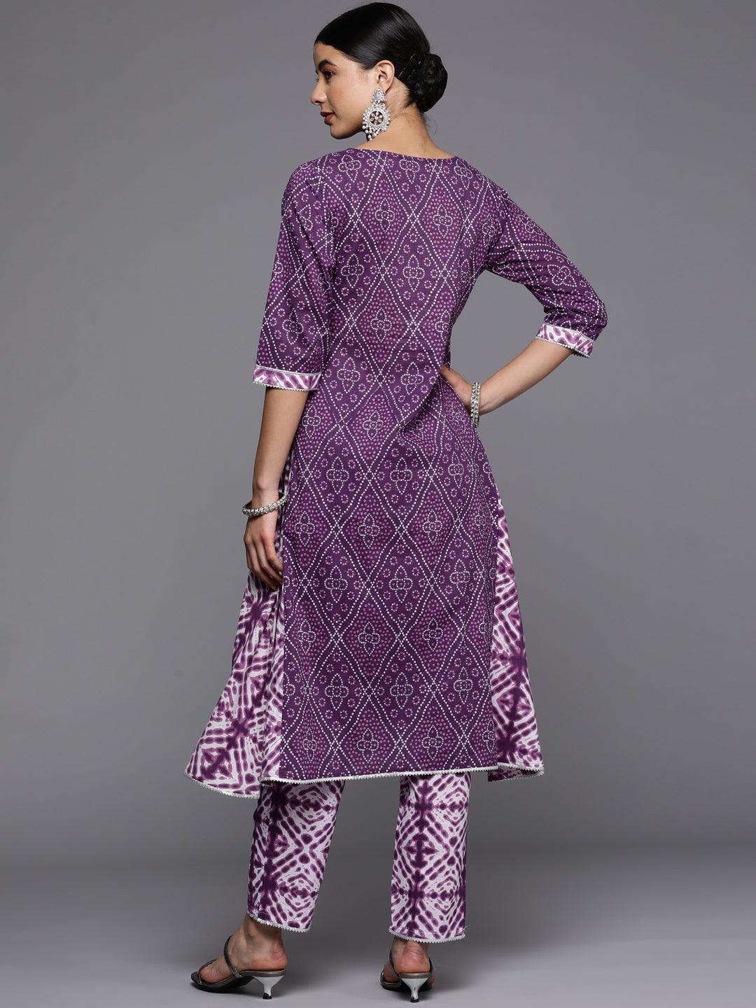 Purple Printed Cotton A-Line Kurta - ShopLibas